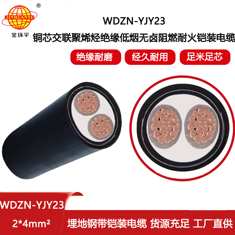 金环宇电缆 WDZN-YJY23-2X4平方 铠装耐火电缆 低烟无卤电力电缆